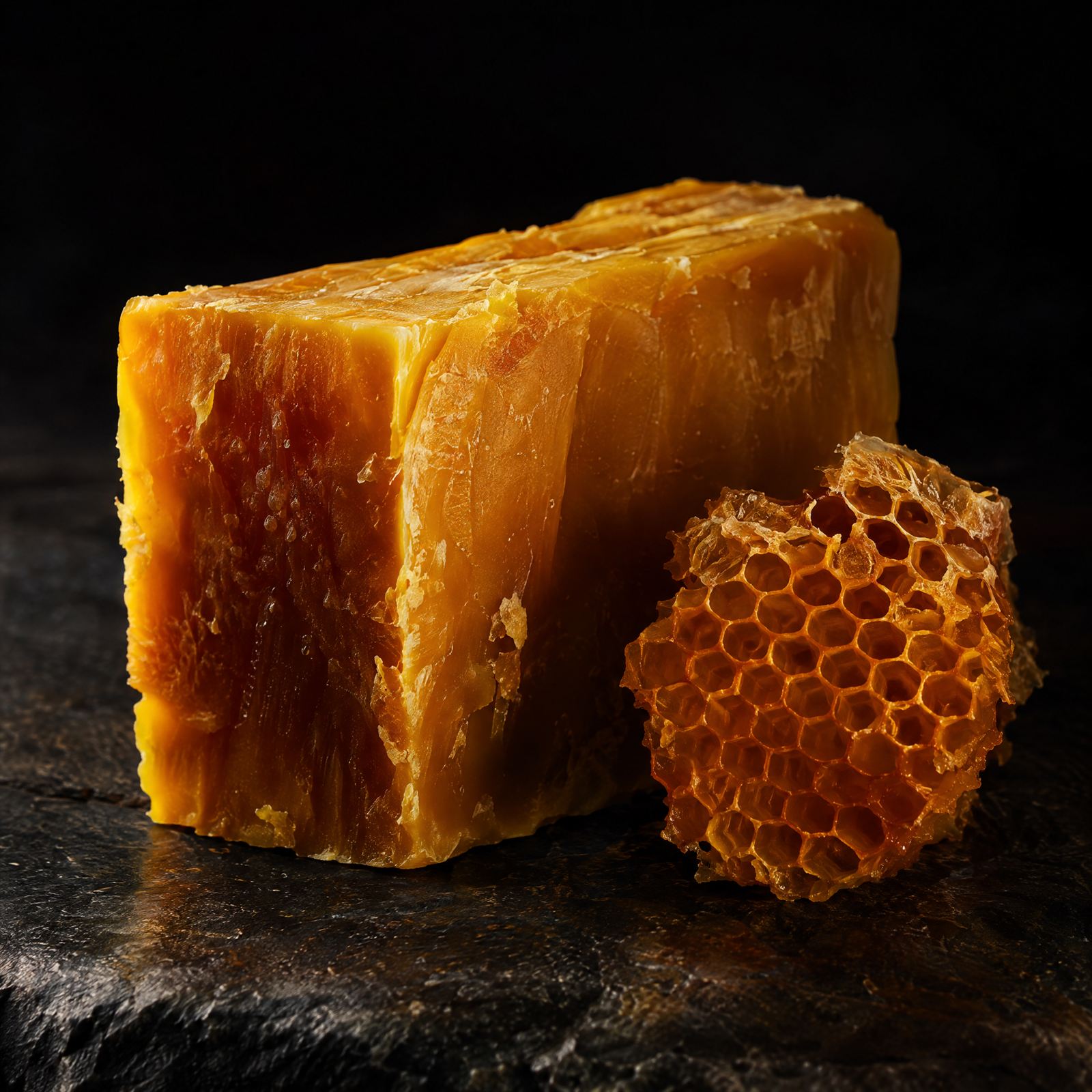 Golden beeswax beside honeycomb